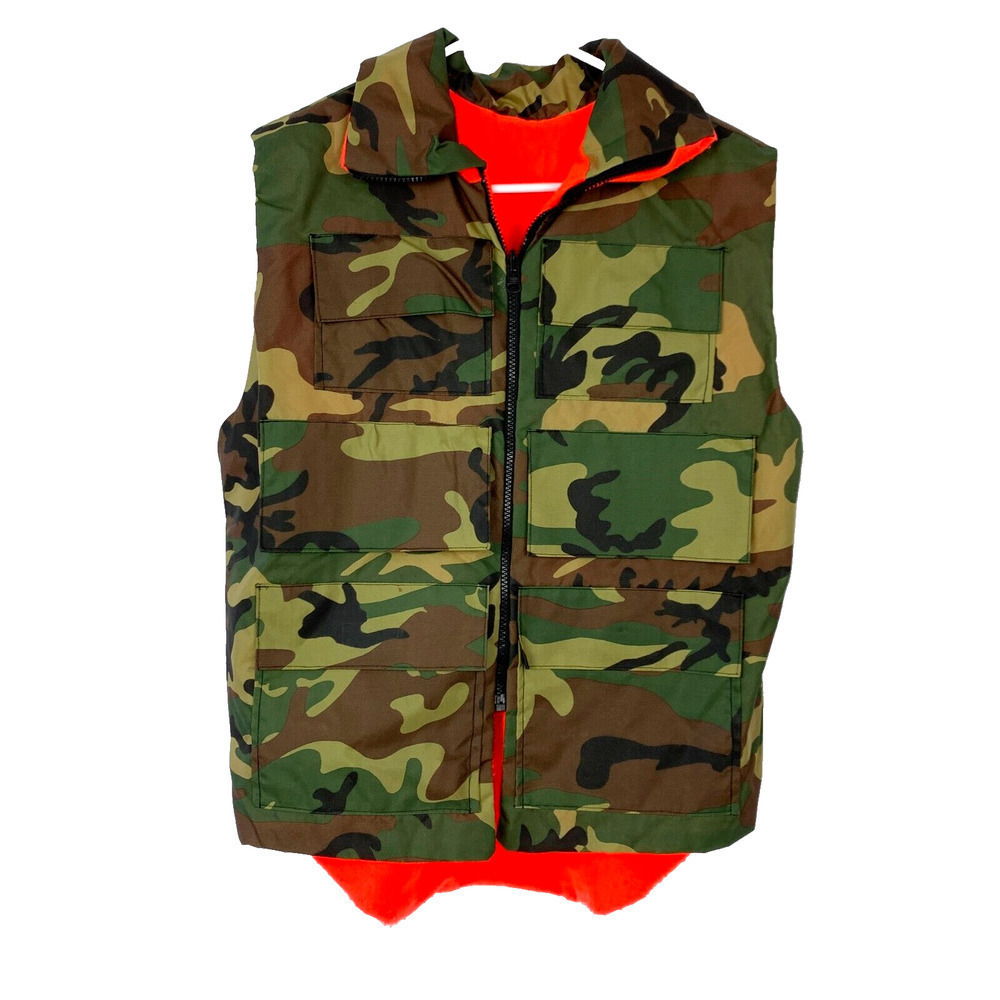 Vintage Blaze Orange Camo Nylon Pockets Full Zip Hunting Ammo Vest Med Large